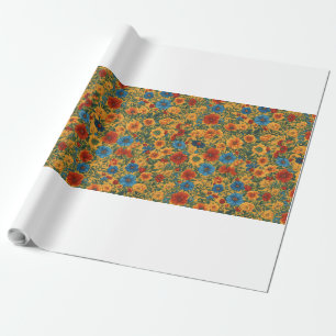 Papier Cadeau Ambiance fleurie orange, jaune, bleu et vert.
