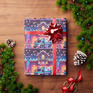 Papier Cadeau Ambulance EMS À La Station D'Incendie Noël Décoré