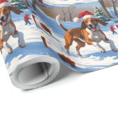 Papier Cadeau American English Foxhound Noël Festive Neige (Coin rond)