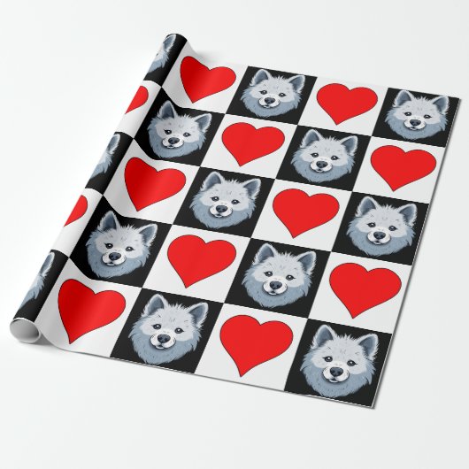 Papier Cadeau American Eskimo Chien Coeur Motif mignon Chiot Cad (Déroulé)