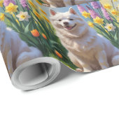 Papier Cadeau American Eskimo Chien Fleurs de printemps Peinture (Coin rond)