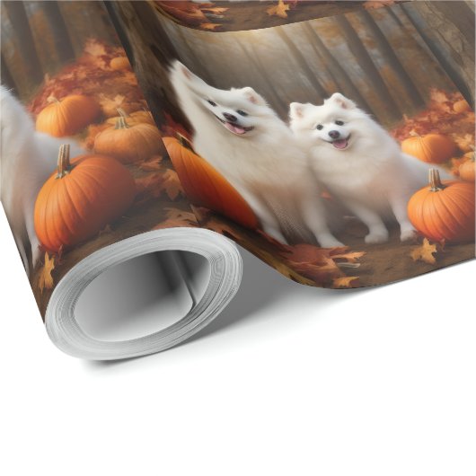 Papier Cadeau American Eskimo Chiot Automne Citrouille délice (Coin rond)