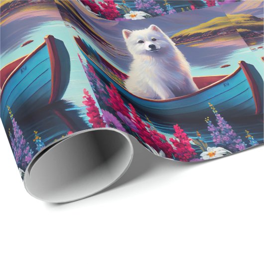 Papier Cadeau American Eskimo Dog on Paddle : Une aventure Pitto (Coin rond)