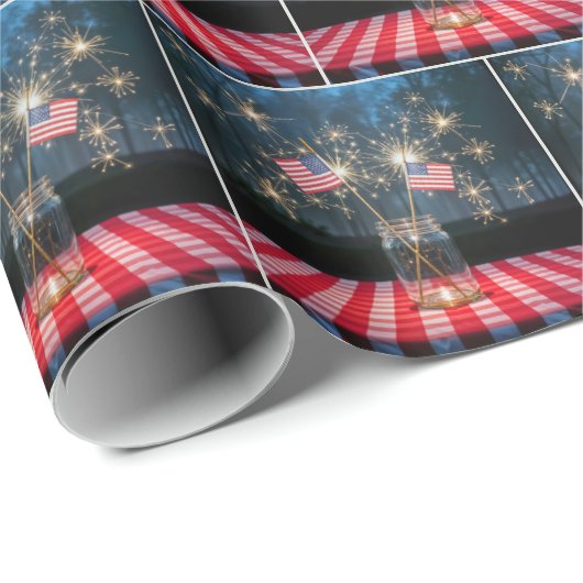Papier Cadeau American Flags With Sparklers In a Mason Jar (Coin rond)