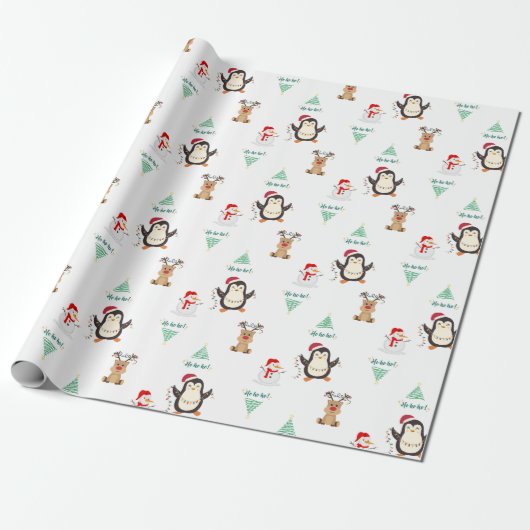 Papier Cadeau Amis de fête Penguin de Noël, Reindeer, Neige (Déroulé)