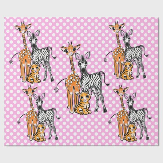 Papier Cadeau Amis Safari, girafe, zèbre, tigre, poka rose (Plat)