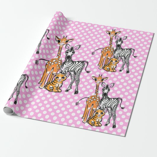 Papier Cadeau Amis Safari, girafe, zèbre, tigre, poka rose (Déroulé)