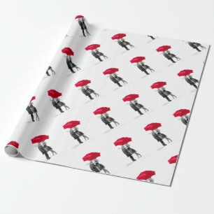 Papier Cadeau Amour couple avec parapluie rouge