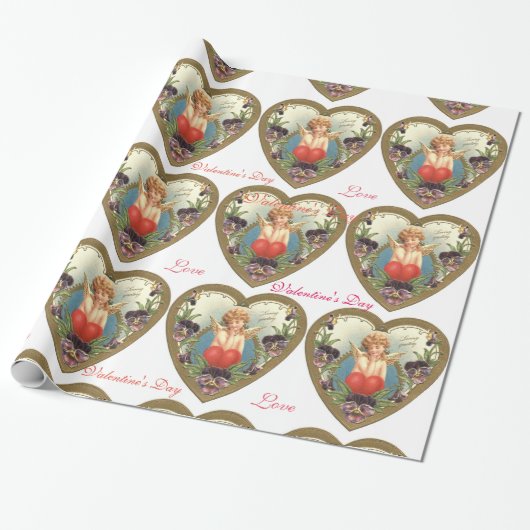 Papier Cadeau AMOUR CUPIDE AU COEUR ET PANSIES Saint-Valentin (Déroulé)