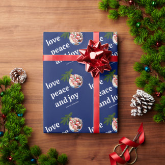 Papier Cadeau Amour Paix Joie Noël Photo de famille Bleu marine