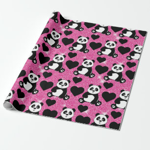 Papier Cadeau Amoureux d'animaux Ours Panda Cœurs Noirs Paillett