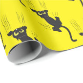 Papier Cadeau Amusant Noir Chat Scratch Sur Jaune (Coin rond)