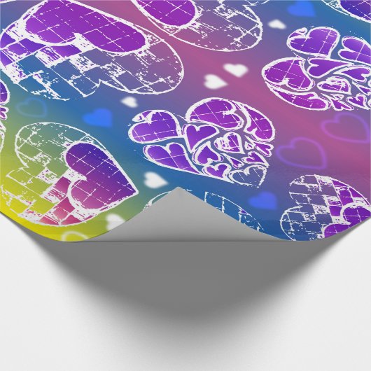 Papier Cadeau Amusant Violet, bleu, jaune motif de Coeurs Whimsi (Coin)