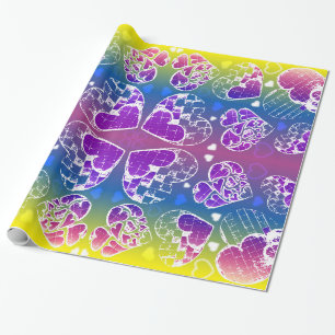Papier Cadeau Amusant Violet, bleu, jaune motif de Coeurs Whimsi