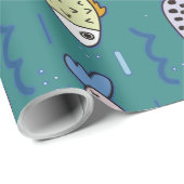 Papier Cadeau Amusants Poisson Doodé Océan Turquoise Pisces d'ea (Coin rond)