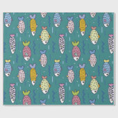 Papier Cadeau Amusants Poisson Doodé Océan Turquoise Pisces d'ea (Plat)