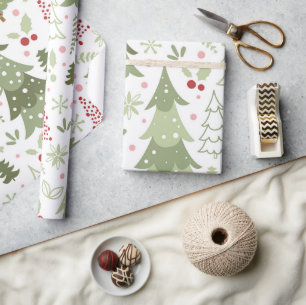 Papier Cadeau Amusants Rouge Vert Pastel Arbres Noël