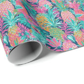 Papier Cadeau Ananas bleu Preppy Rose Turquoise Navy (Coin rond)