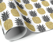 Papier Cadeau Ananas En Or : Blanc Dessiné À La Main Sans Coutur (Coin rond)