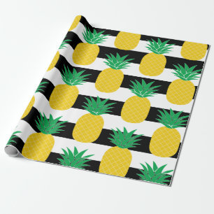 Papier Cadeau Ananas rayé noir et blanc Tropical