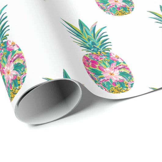 Papier Cadeau Ananas tropical rose et vert (Coin rond)