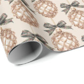 Papier Cadeau Ananas verts dorés avec noeuds de Noël (Coin rond)