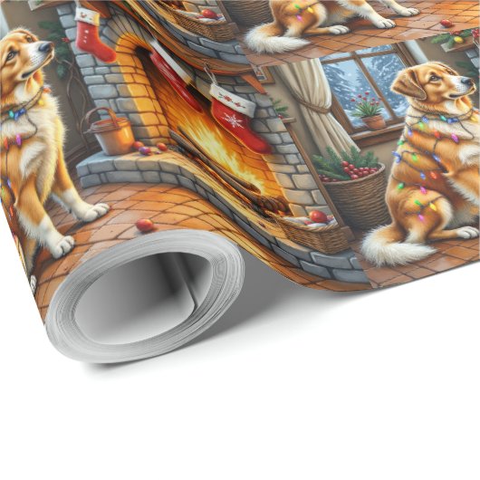 Papier Cadeau Anatolian Shepherd Fireplace with Christmas Lights (Coin rond)