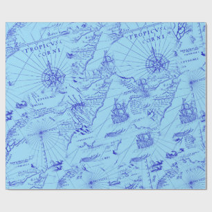 Papier Cadeau Ancien marine bleu navires et boussole