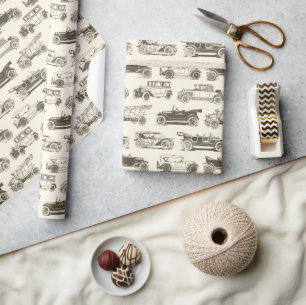 Papier Cadeau Ancien Motif de voiture Beige Gold Vintage
