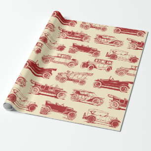 Papier Cadeau Ancien Motif de voiture beige rouge Vintage