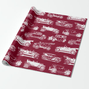 Papier Cadeau Ancien Motif de voiture Burgundy White Vintage