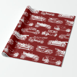 Papier Cadeau Ancien Motif de voiture Rouge Blanc Vintage