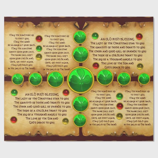 Papier Cadeau Ancien Parchemin de Noël irlandais, Shamrock (Plat)