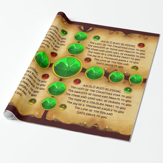 Papier Cadeau Ancien Parchemin de Noël irlandais, Shamrock (Déroulé)