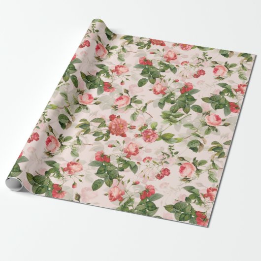 Papier Cadeau Ancien Rose Redouté Vintage rose Motif (Déroulé)