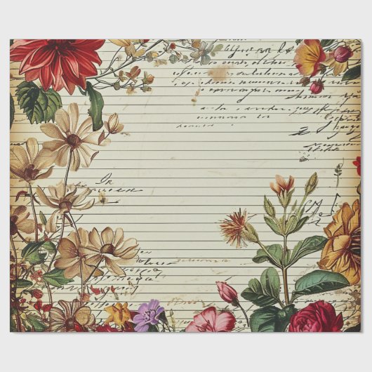 Papier Cadeau Anciennes lettres de fleurs de journal de junk (Plat)