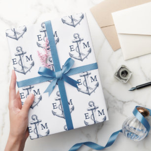 Papier Cadeau Ancre blanche de marine nautique Mariage de monogr