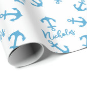 Papier Cadeau Ancre bleue et nom personnalisé (Coin rond)