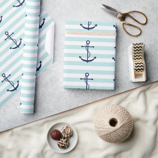 Papier Cadeau Ancre bleue sur les rayures de menthe (Artisanat)
