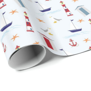 Papier Cadeau Ancre de voilier nautique mouette phare océan