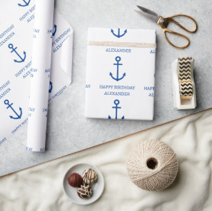 Papier Cadeau Ancre nautique bleu et blanc simple Personnalisée