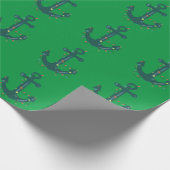 Papier Cadeau Ancres Bleues Avec Lumières De Noël Sur Vert (Coin)