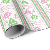 Papier Cadeau Ancres Éloignées Fille Baby shower nautique (Coin rond)
