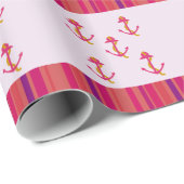 Papier Cadeau Ancres et rayures roses nautiques (Coin rond)