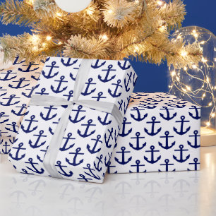 Papier Cadeau Ancres motif blanc et bleu marine