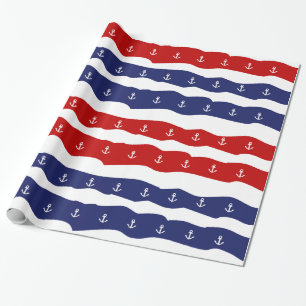 Papier Cadeau Ancres nautiques patriotiques blanc et bleu rouges