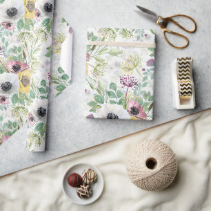 Papier Cadeau Anémones rose, blanc et jaune.