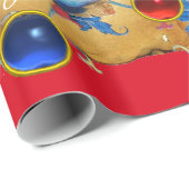 PAPIER CADEAU ANGE EN ROUGE, OR, PARCHEMENT FLORAL BLEU AVEC GEM (Coin rond)