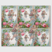 PAPIER CADEAU ANGE ROMANTIQUE RASSEMBLANT ROSES ET FLEURS ROSES  (Plat)
