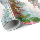 PAPIER CADEAU ANGE ROMANTIQUE RASSEMBLANT ROSES ET FLEURS ROSES  (Coin rond)